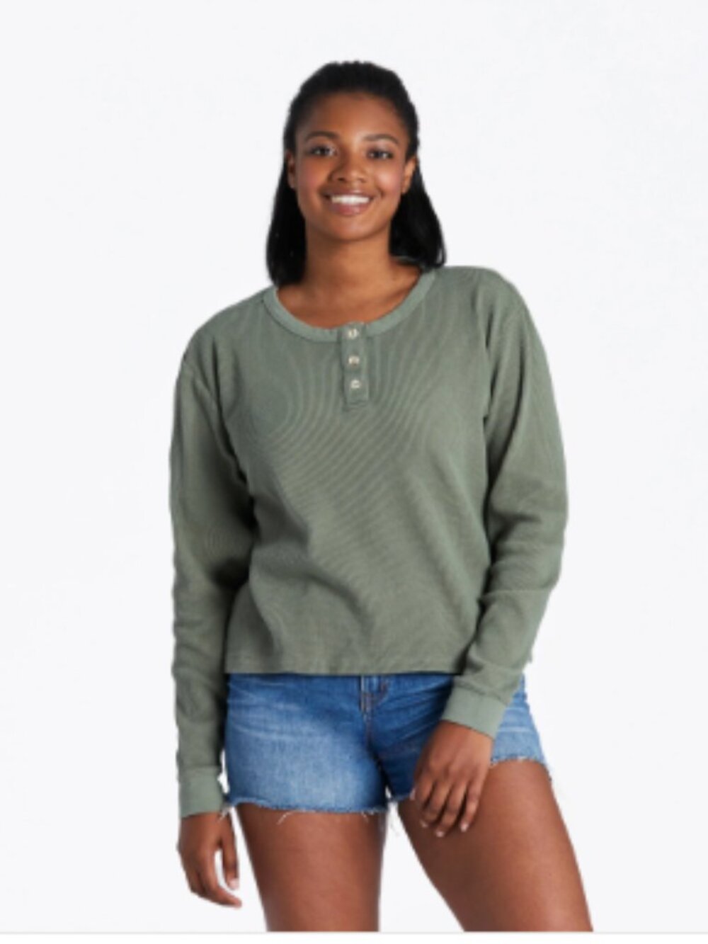 Life Is Good Olive Green Waffle Henley Long Sleeve Shirt